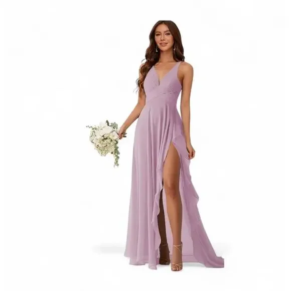 Chiffon V Neck Dresses for Women Ruffles Pleated A-line Formal brand - Picture 3 of 7